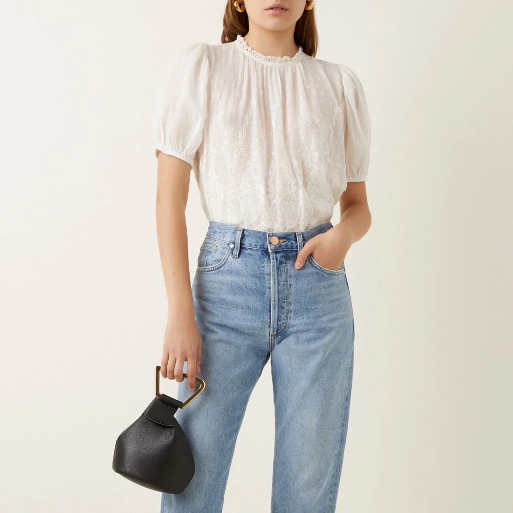 ✨RARE✨ ULLA JOHNSON Emmie Embroidered Lace Puff Sleeve Top in Blanc White